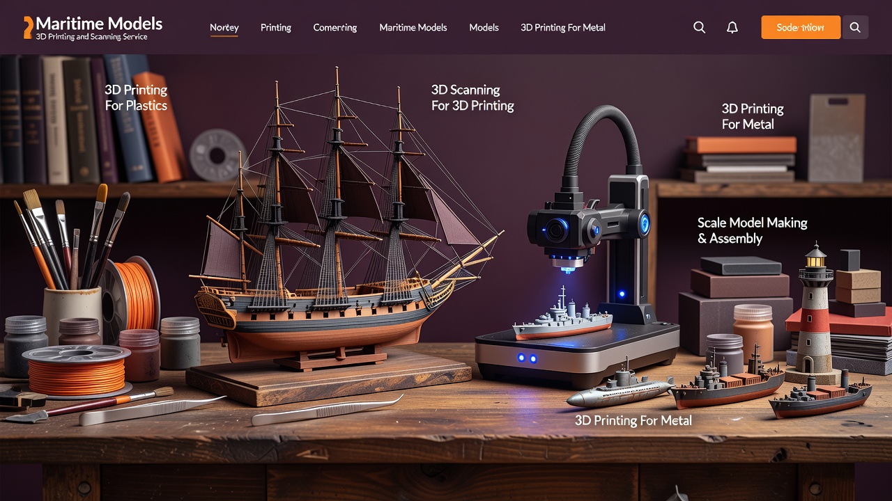 Close-up of a finished scale ship model with painted hull, deck fittings, and superstructure on the workshop bench